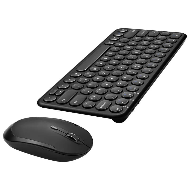Mute white ultra-thin wireless keyboard and mouse with tiny USB receiver on a wooden desk