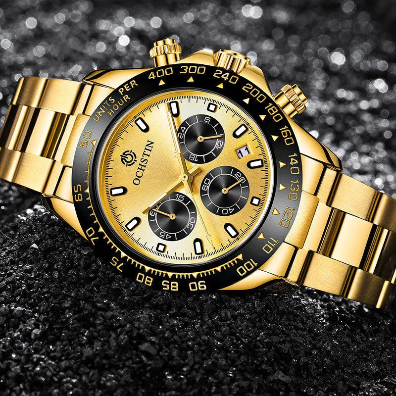 Stainless steel waterproof watch with multifunction dial, 43mm case, mineral glass cover, rose gold finish
