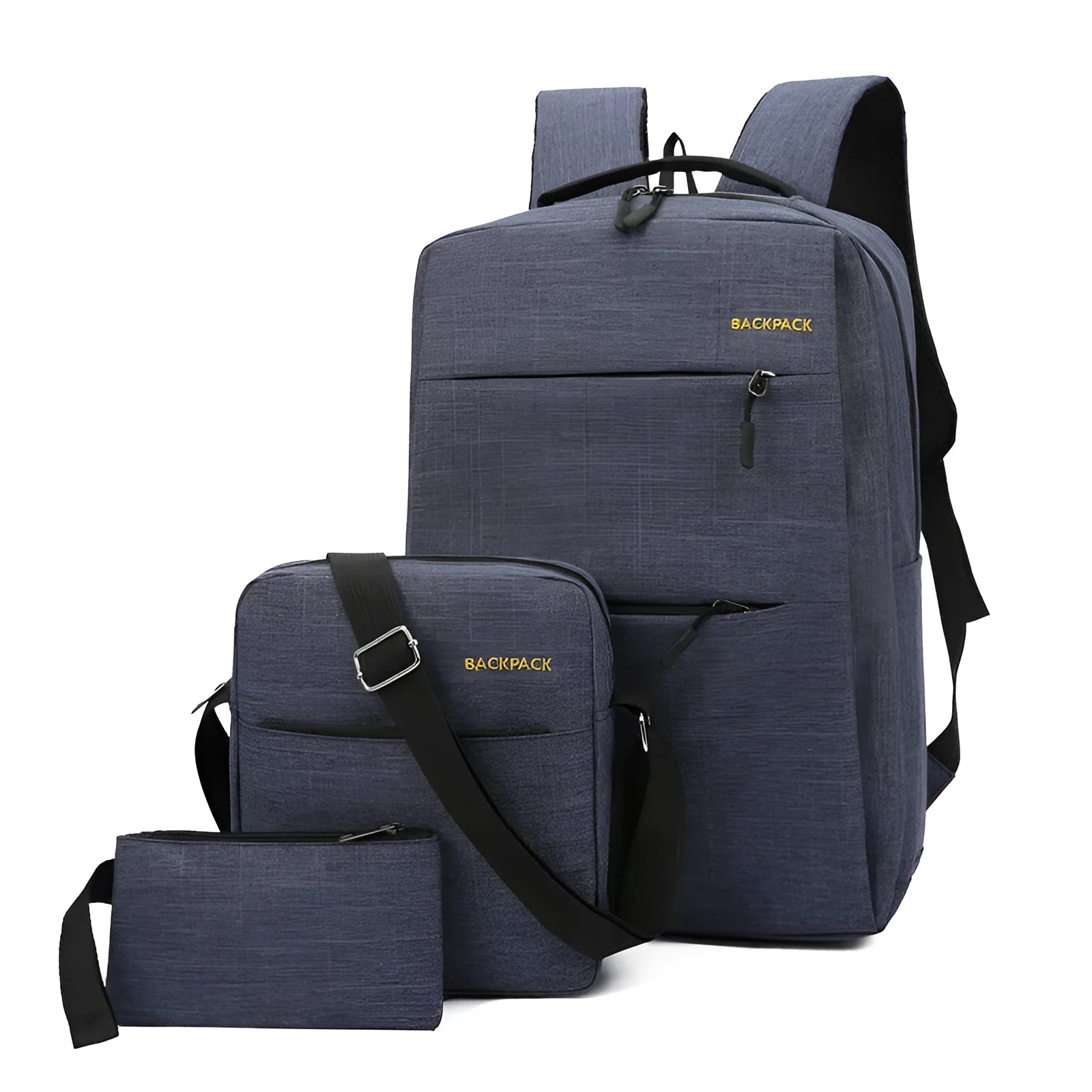 Men's navy blue nylon laptop rucksack with USB port, crossbody bag, and organiser pouch set on a table