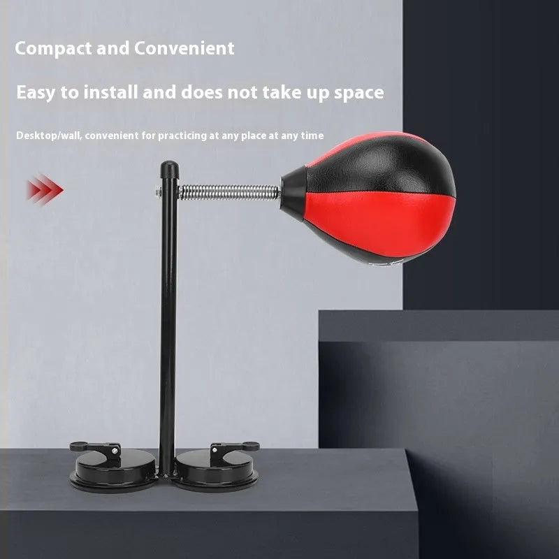 Red and black pear-shaped inflatable boxing ball with elastic cord and suction cup mounting system