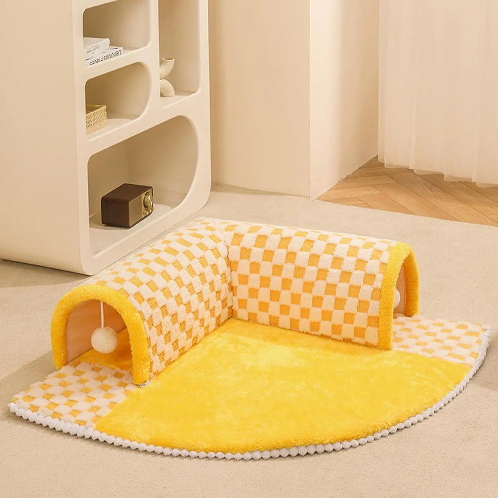 XL fan-shaped plush pet bed tunnel with a plaid pattern, shown in coffee colour.