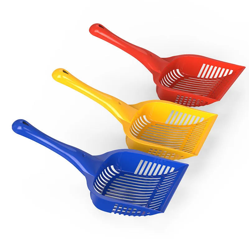 PP plastic cat litter scoop in red, yellow or blue, shown in small and medium sizes