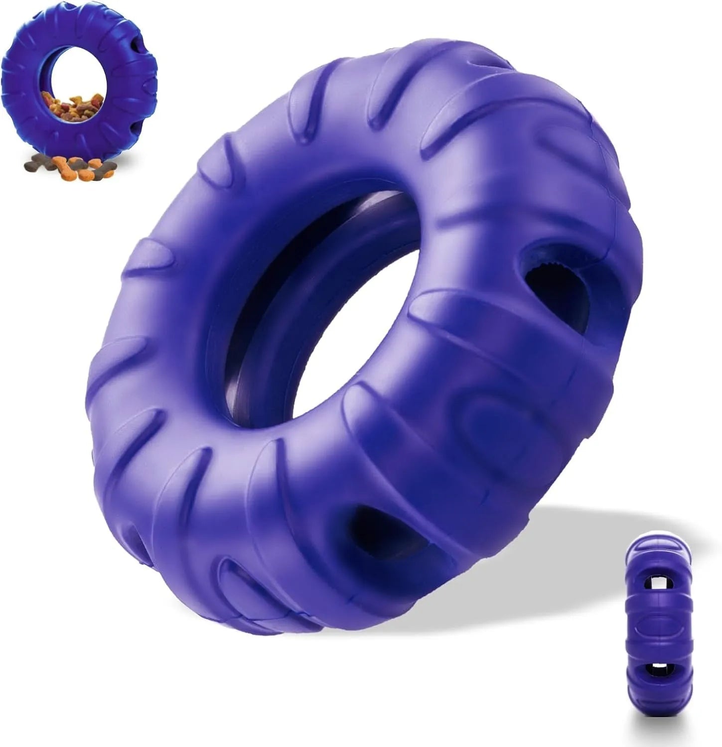 Blue natural rubber tyre-shaped dog chew toy with oval openings, for slow feeding and interactive play.
