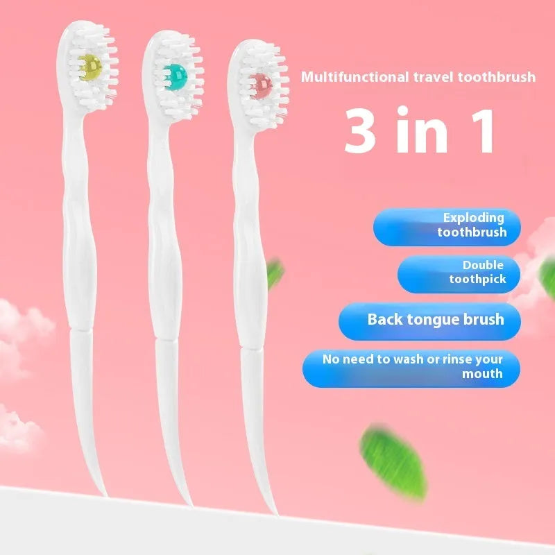 Box of 20 disposable beaded travel toothbrushes in individual wrappers.