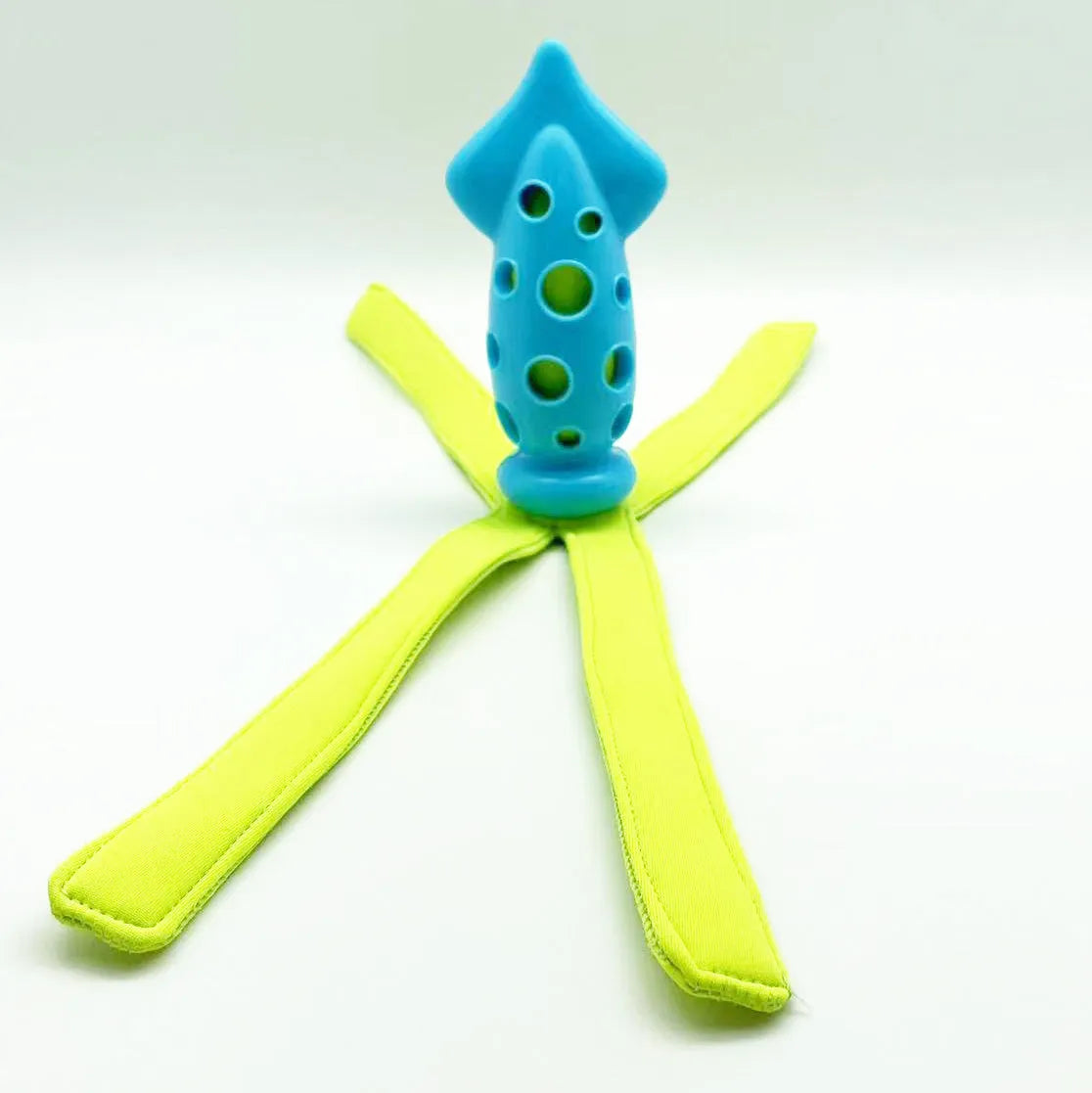 Blue cuttlefish-shaped dog chew toy with textured surface and squeaker for teeth cleaning