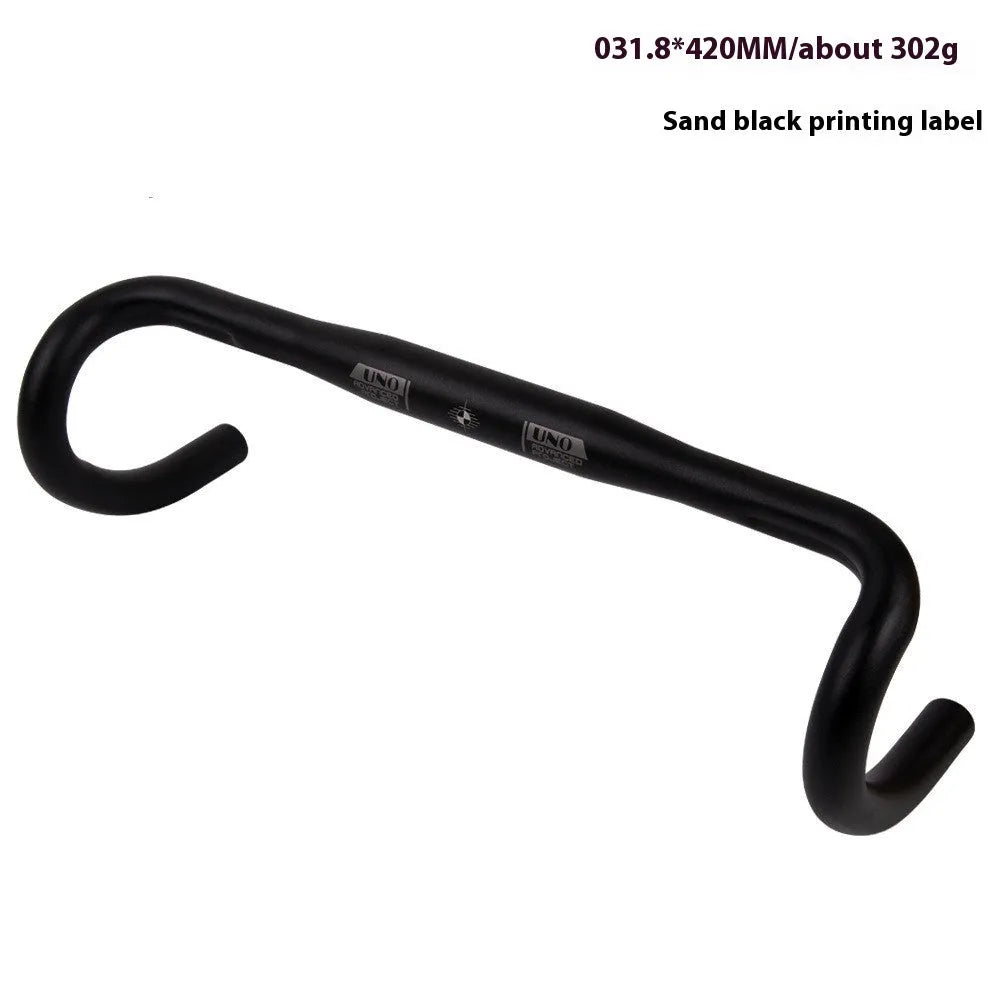 Black aluminium alloy road bike drop handlebar with UNO printing marks showing multiple width options