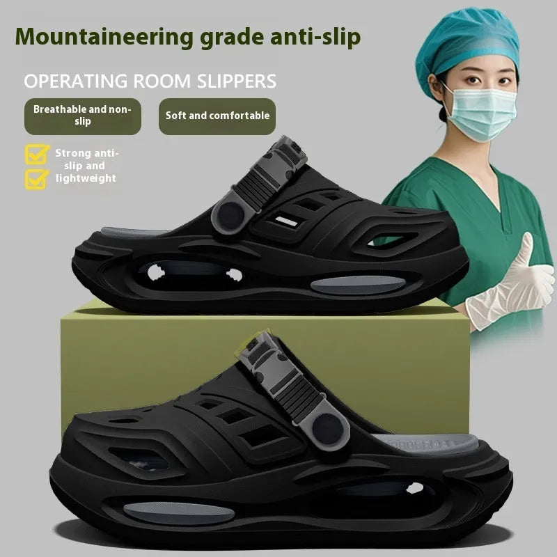 Men's summer outdoor EVA hole slippers in black with non-slip injection-moulded sole and closed toe cap