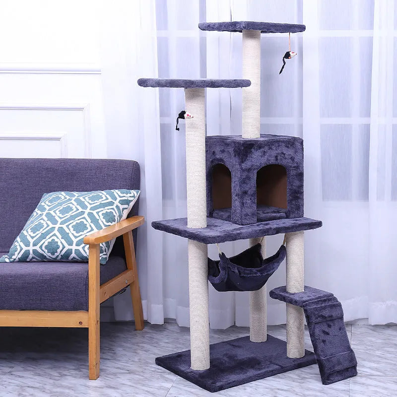 125cm cat climbing frame with soft wool cloth cover, beige colour, with nest and tray