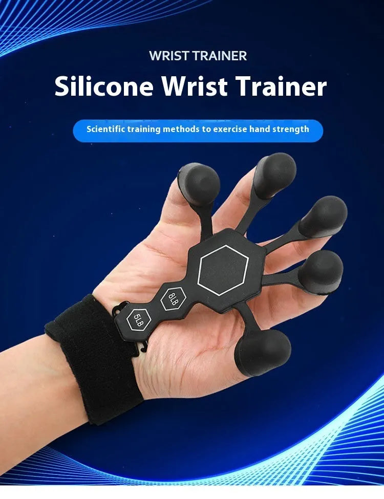 A black or grey silicone five-finger hand trainer for adult grip strength and rehabilitation.