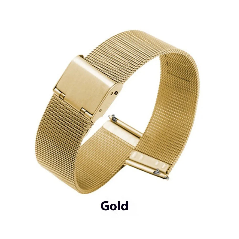 Milani silk woven stainless steel watch band in silver, black, rose gold, or gold with six width options