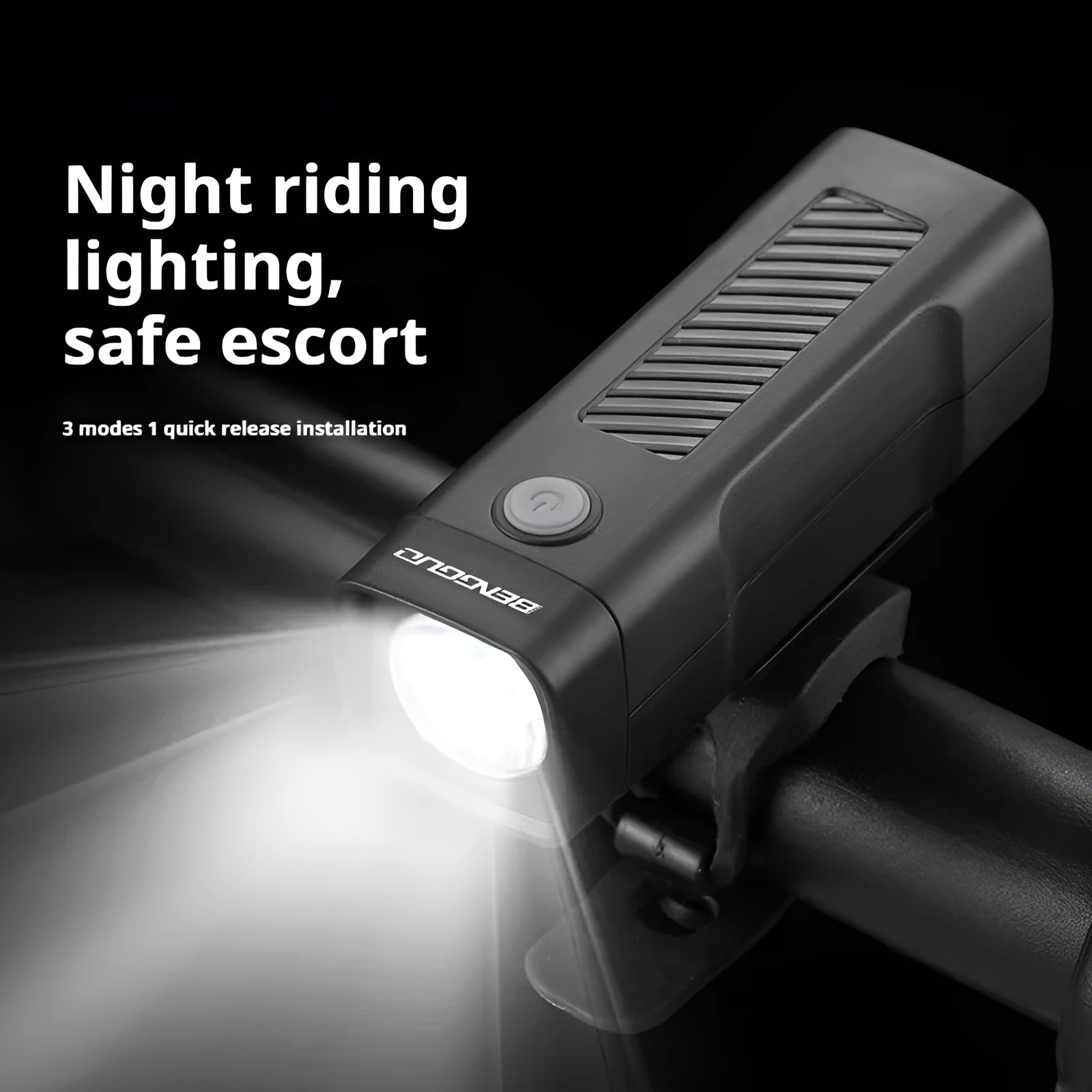 A black USB rechargeable bicycle headlight mounted on handlebars with a quick-release strap.
