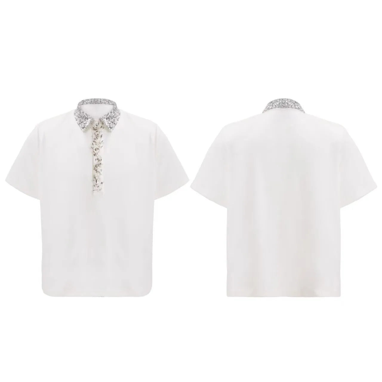 Loose-fit black men's polo t-shirt with a square collar and heavy sequin embroidery on the chest.