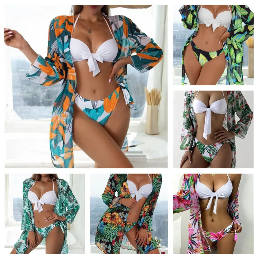 Women's three-piece mesh split bikini swimsuit set with a long coat in quick-dry polyester fabric.