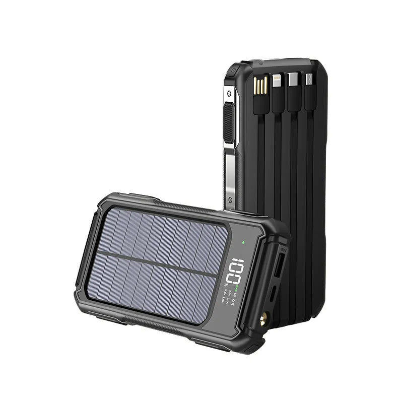 Black military grade portable power bank showing front panel with capacity rating and ports.