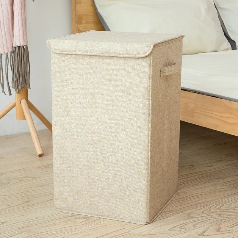 Foldable cotton and linen storage basket in three-dimensional design shown in brown colour