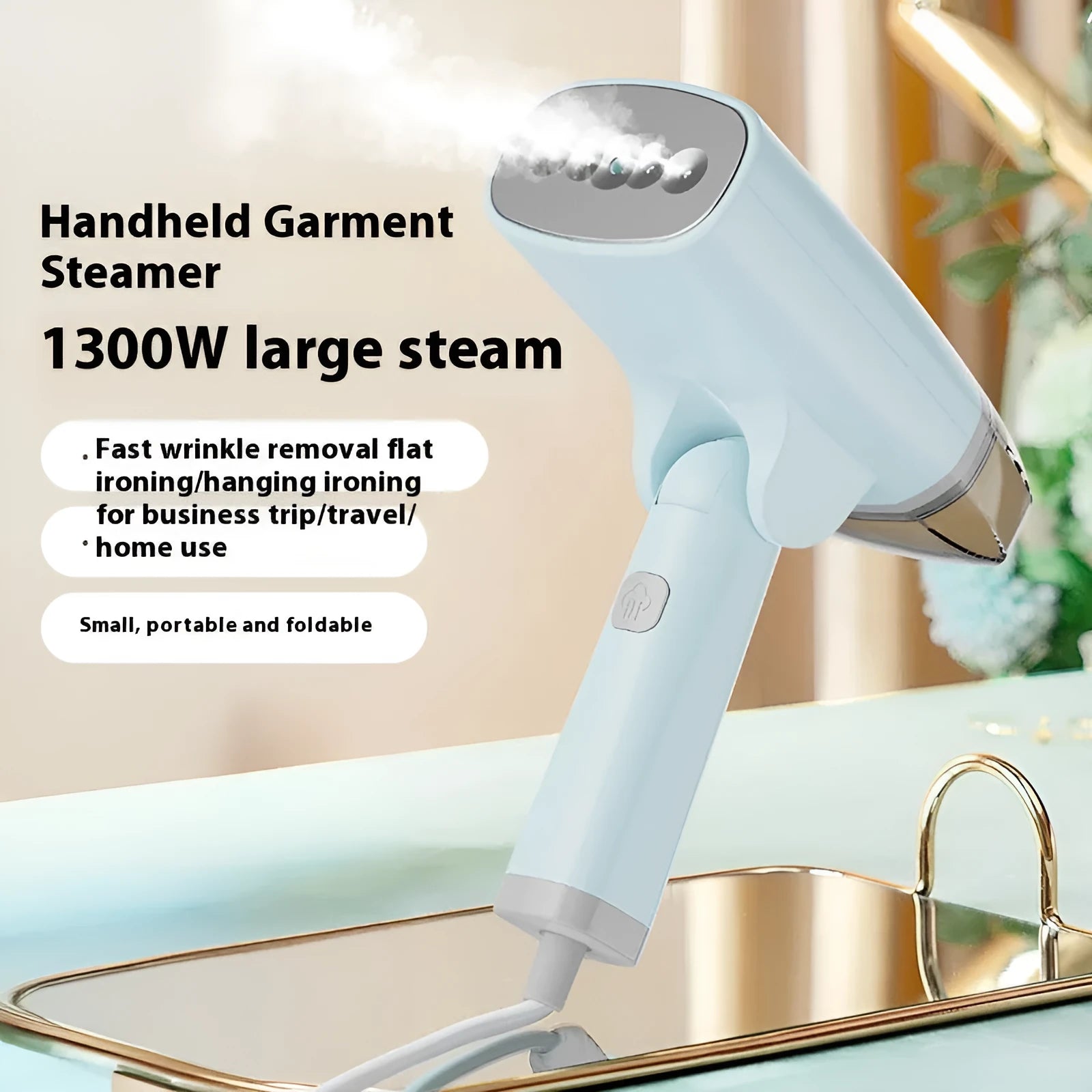 Blue and white handheld garment steamer with 1300W power rating and mechanical controls