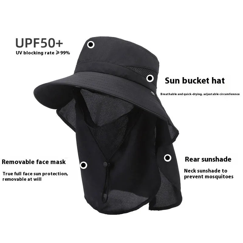 Men's grey fisherman hat with wide brim, shown from the side on a wooden post outdoors.