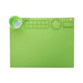 Green silicone painting mat measuring 50 by 40 cm, shown with two integrated bowls for paint or water.