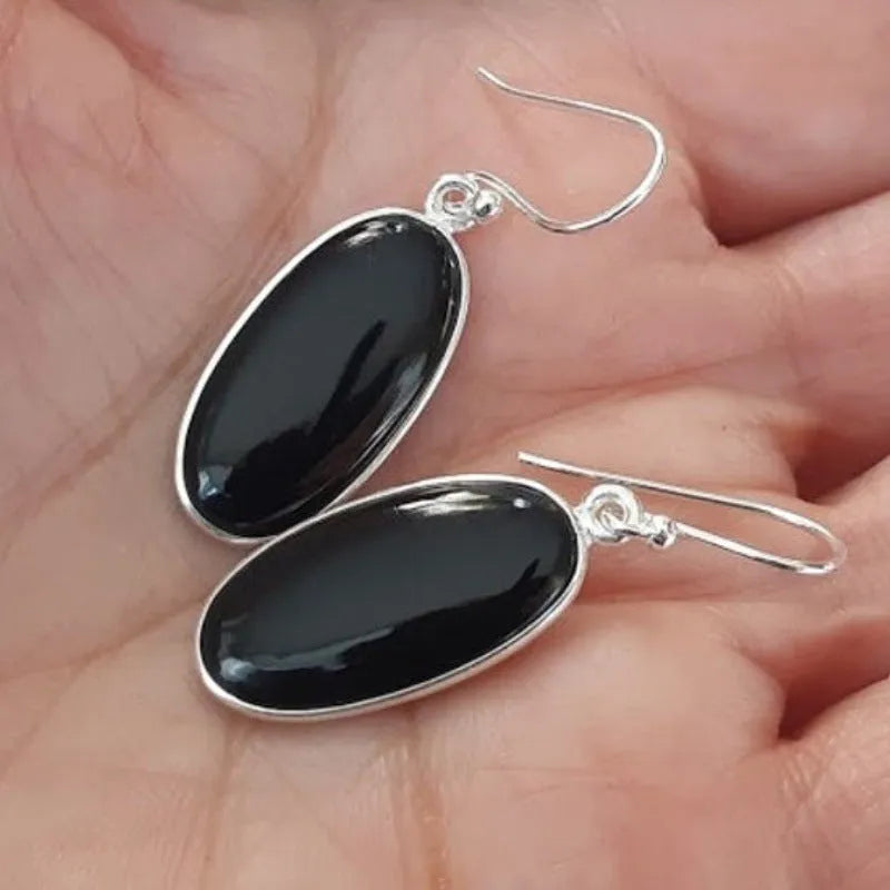 Black agate oval pendant earrings with 925 silver electroplating and geometric Chinese design elements