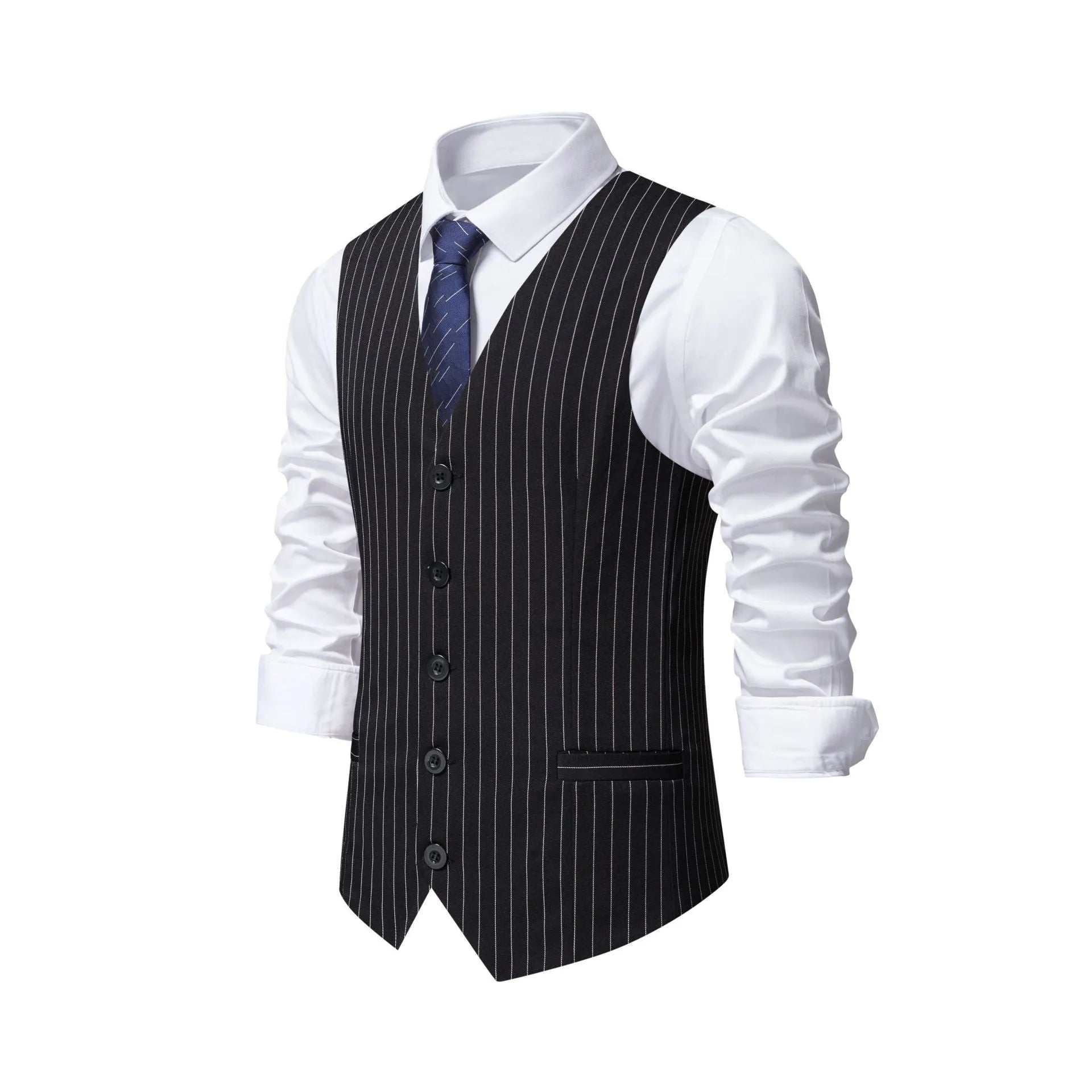 Men's striped polyester suit vest in black, khaki, or red with non-ironing finish
