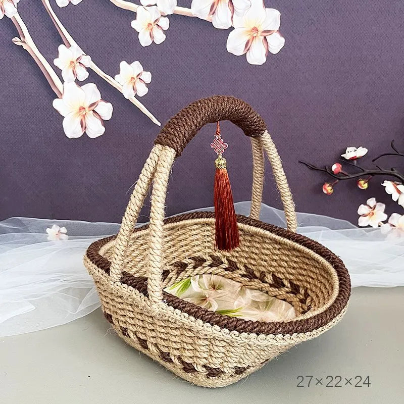 Hand-woven natural straw basket in a rustic style, measuring 19cm by 12cm.