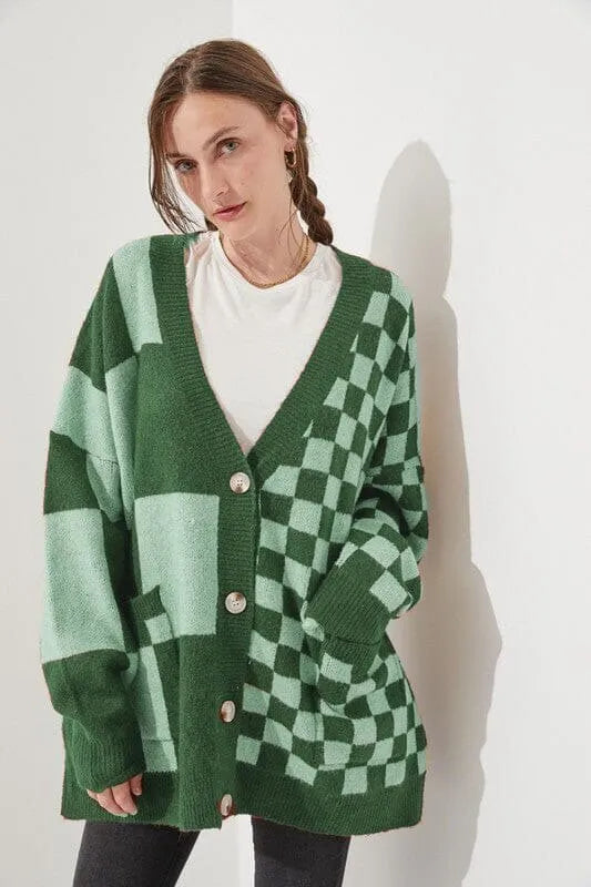 Loose slim fit cardigan with printed checks pattern in polyester spandex blend fabric