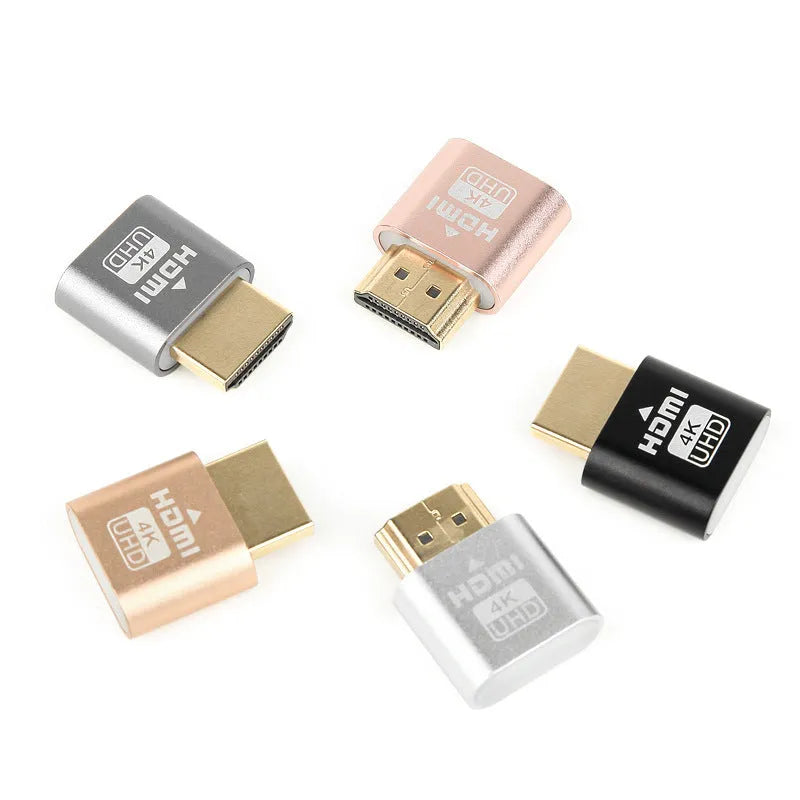Graphics card virtual display dongle with HDMI or DP connector in black, gold, or silver finish.