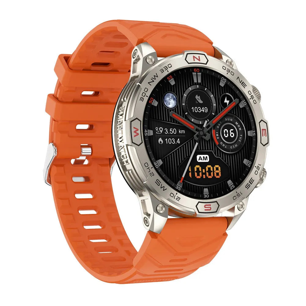 Sports smartwatch with AMOLED display on a silicone strap, showing a fitness tracking interface.
