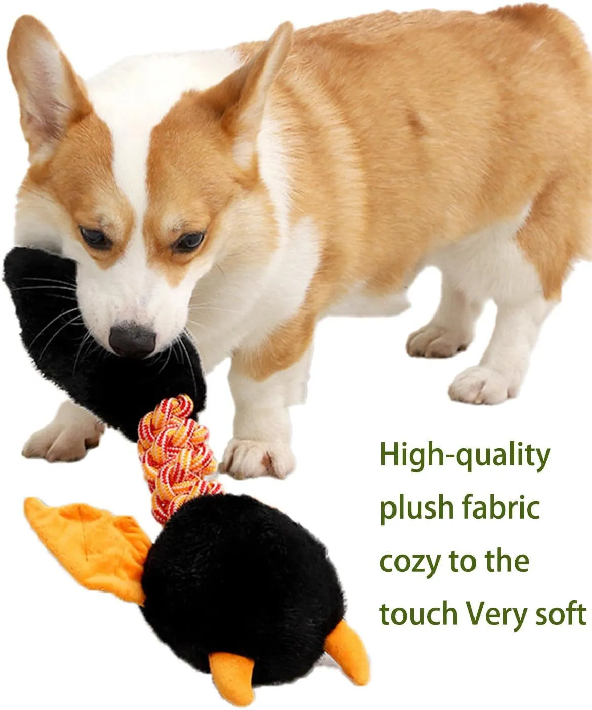 Soft rabbit fleece plush dog toy with a rope knot, in red, green, or black, shown with a dog.