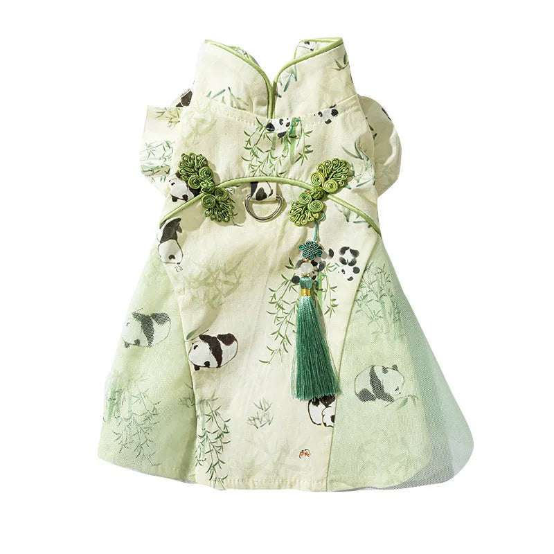 Chinese style panda bamboo leaf woven fabric cat skirt on a cat, buckle vest design