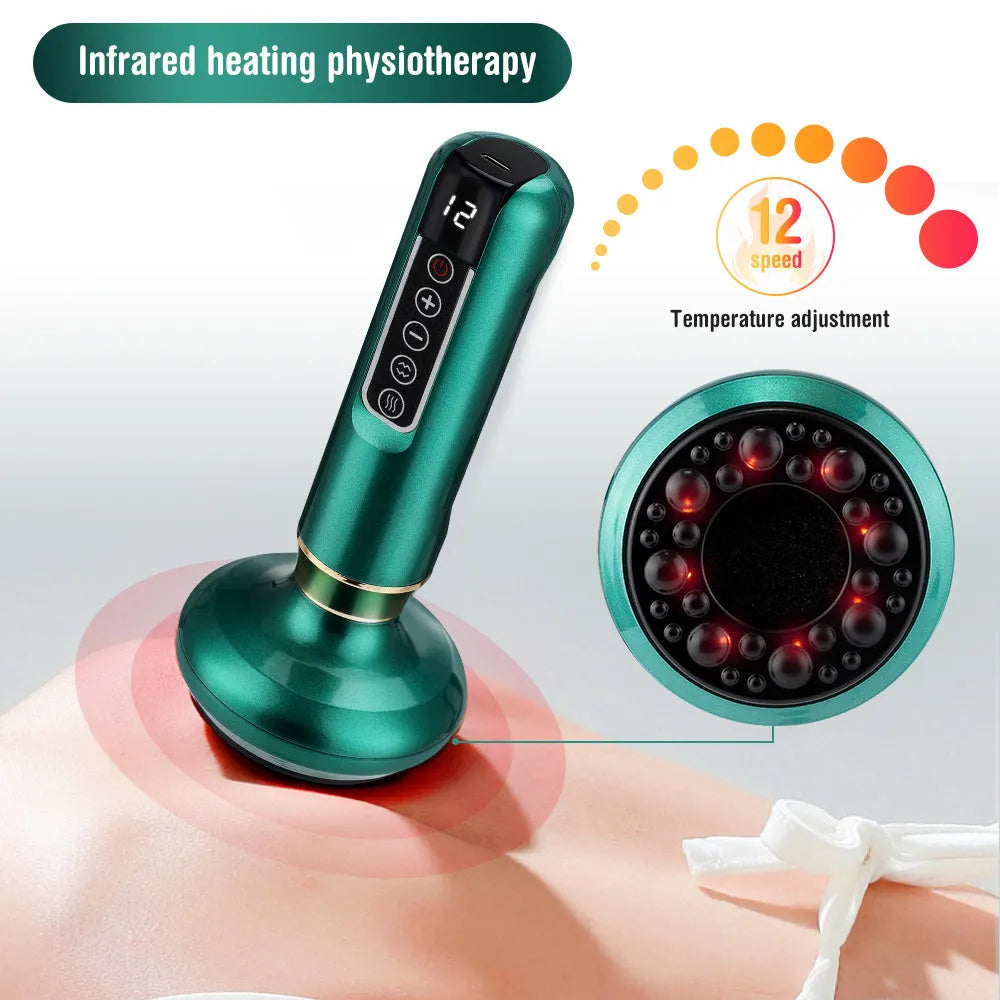 Green electric vacuum cupping massager with suction cup and charging cable