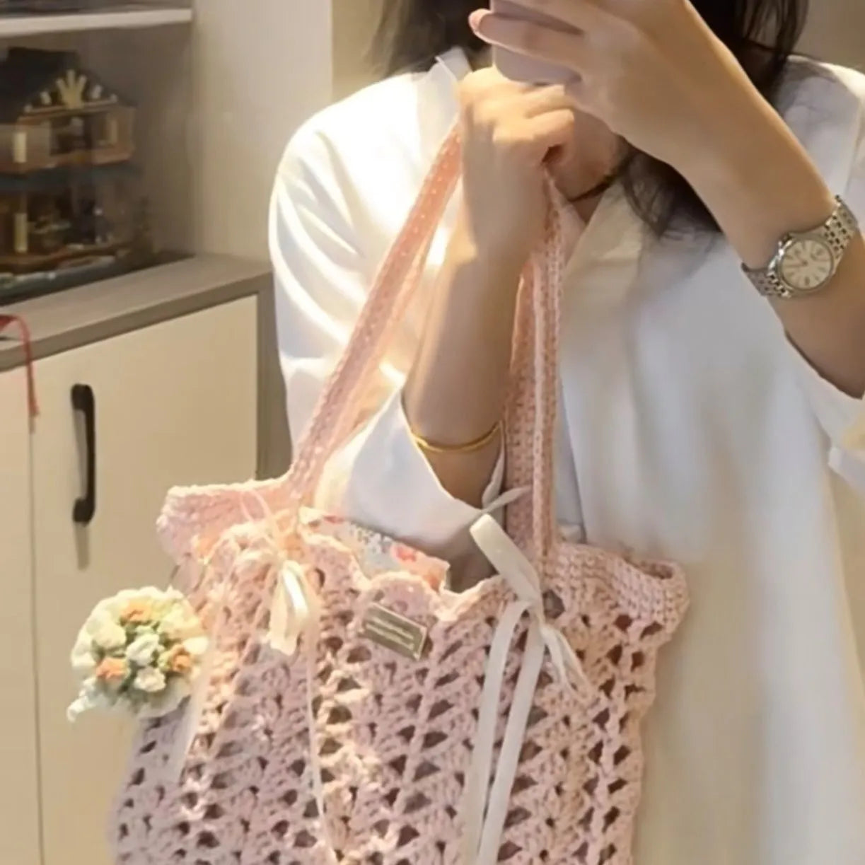 Handwoven natural wool summer bag with floral patterns in six style options