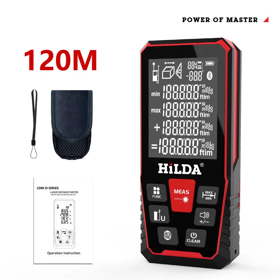 Handheld plastic laser rangefinder for distance measuring up to 120 metres.
