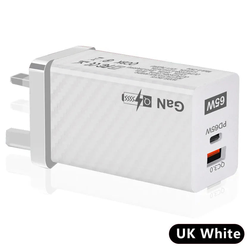 65W Gallium Nitride universal laptop charger in white with USB-C port and compact design