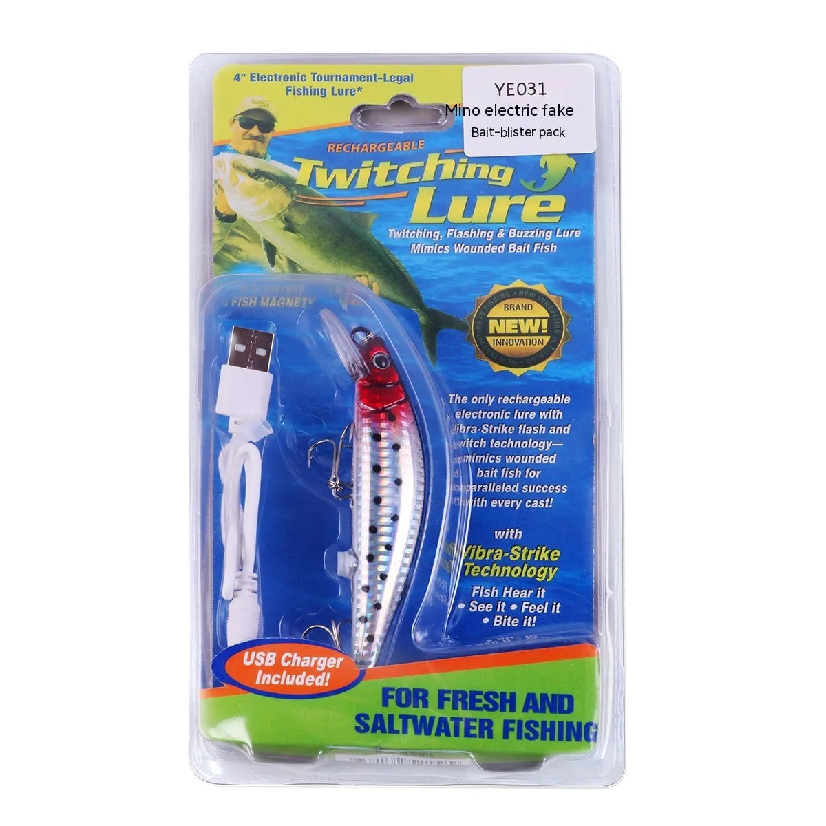 Floating Mino electric USB fishing bait with luminous simulation in colourful blister packaging