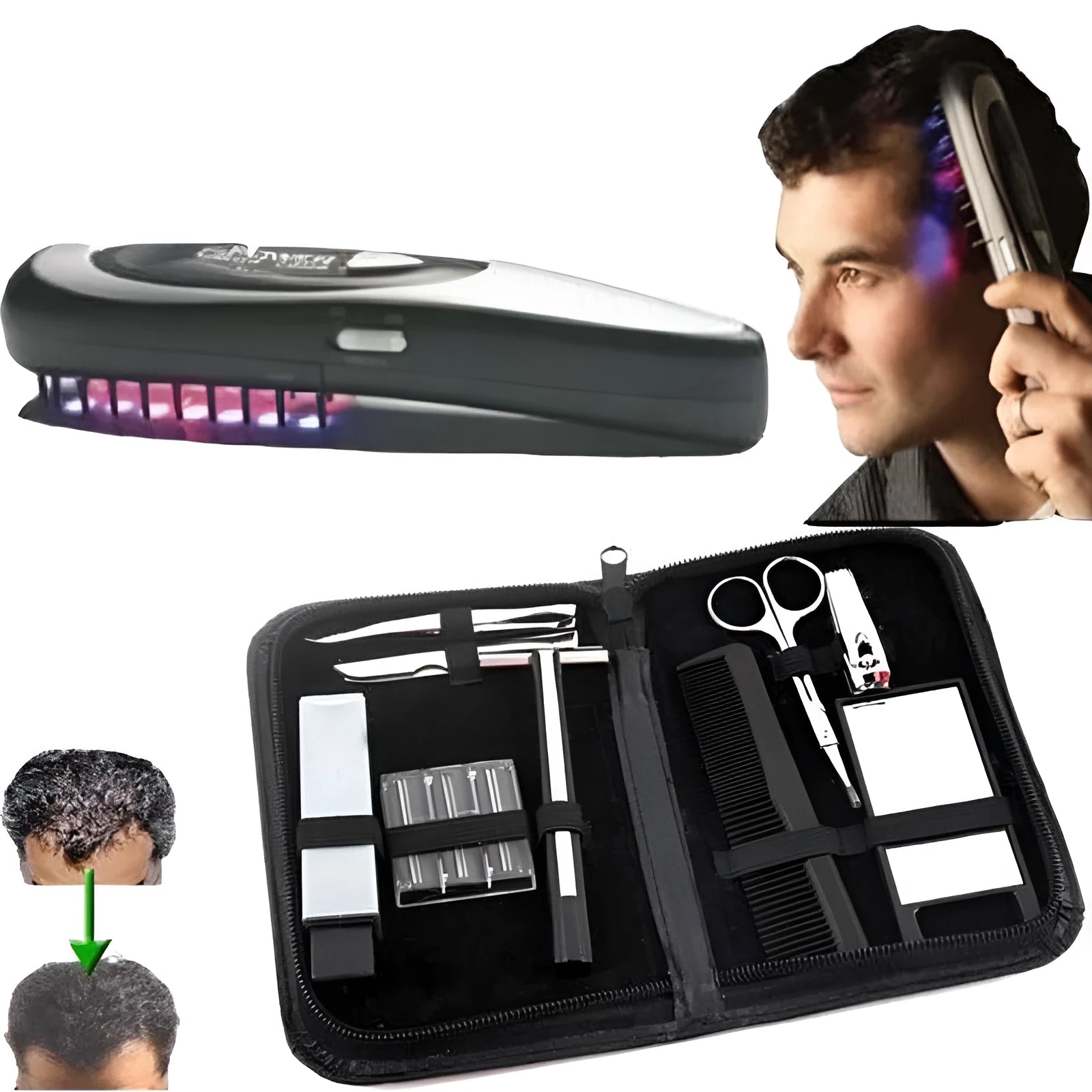 Black laser hair loss therapy comb with red and blue LED lights and massage attachment, 24cm length