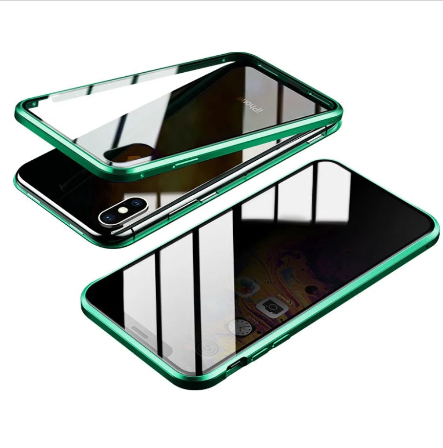 Solid colour glass anti-spy clamshell phone case for iPhone, shown in geometric design.