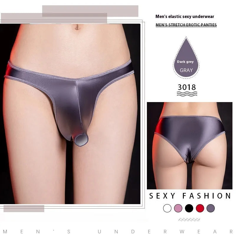 Men's shiny nylon low waist T-back underwear shown in black colour.