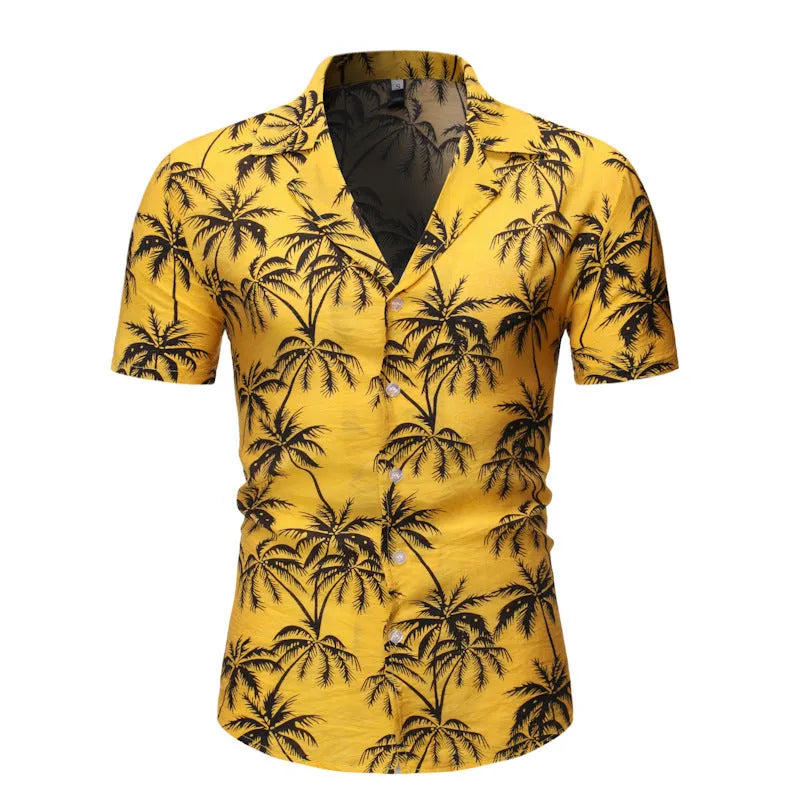 Men's loose lapel print top in light blue, long sleeve polyester casual shirt