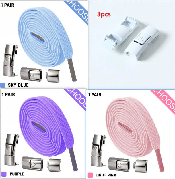 Set of press lock elastic no-tie shoelaces in 8mm widened flat design on a white background.