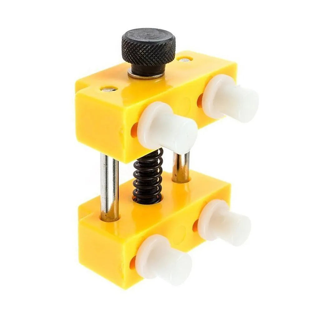 Yellow plastic watch case opener repair tool set with fixing base and four pillars