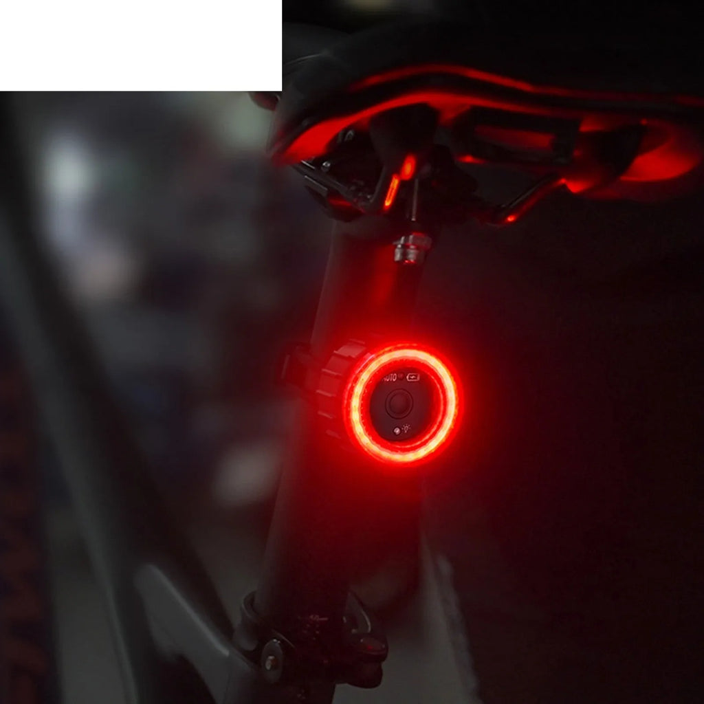Black intelligent induction brake taillight for bicycles with aluminium alloy casing and mounting brackets.