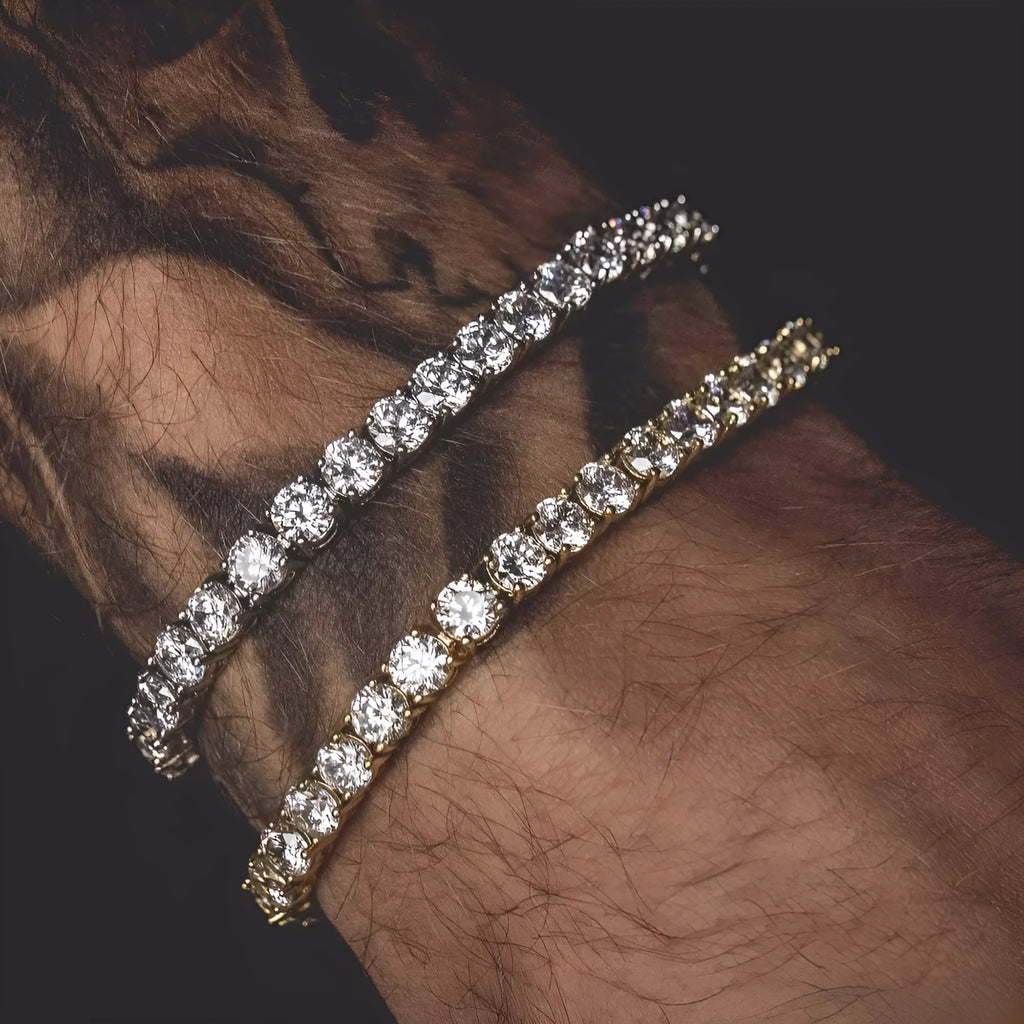 Men's silver geometric link chain hip hop bracelet with a row of clear rhinestones.