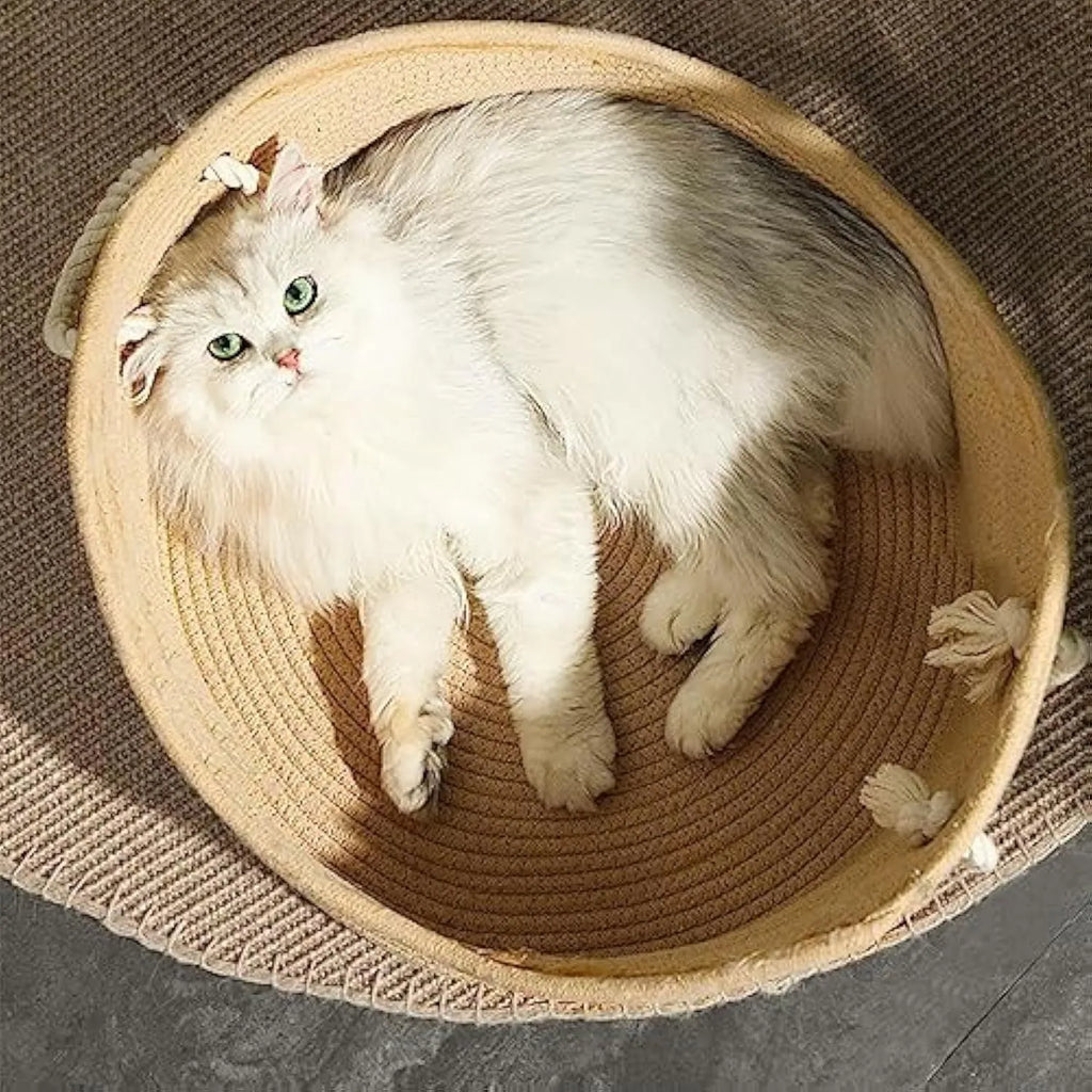 Woven rattan cat bed basket with corrugated scratching board in two size options