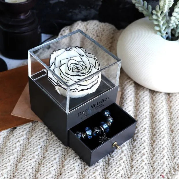 Eternal flower gift box with artificial roses, measuring 8.5cm wide and 10.5cm high