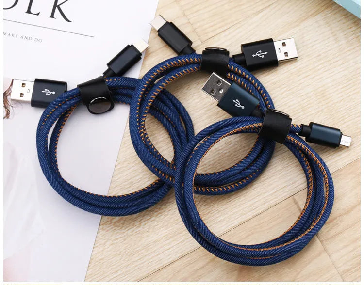 Cowboy style braided type-c charging cable with aluminium connectors in black, blue, and red colour options.