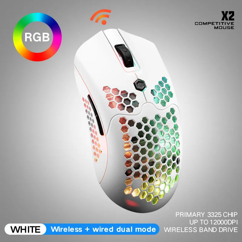 Free Wolf X2 wireless RGB gaming mouse in black on a mouse pad, showing ambidextrous shape and side buttons.