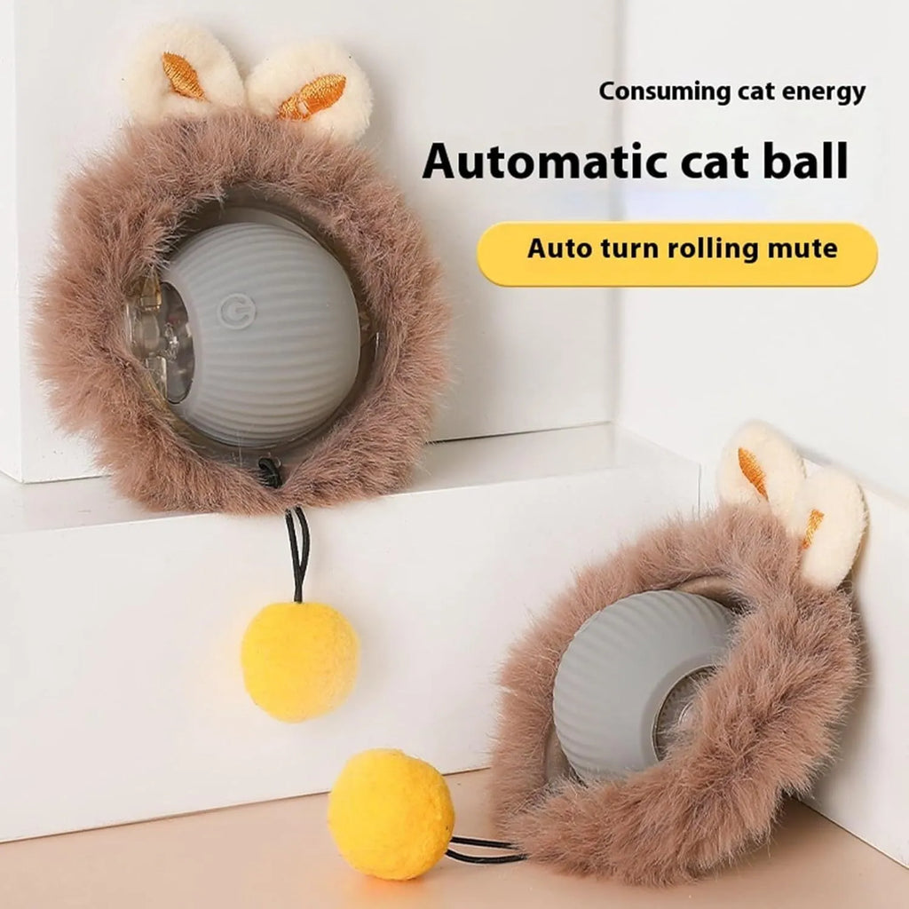 Grey green and red automatic rotating rolling ball pet toy with string for dogs and cats.
