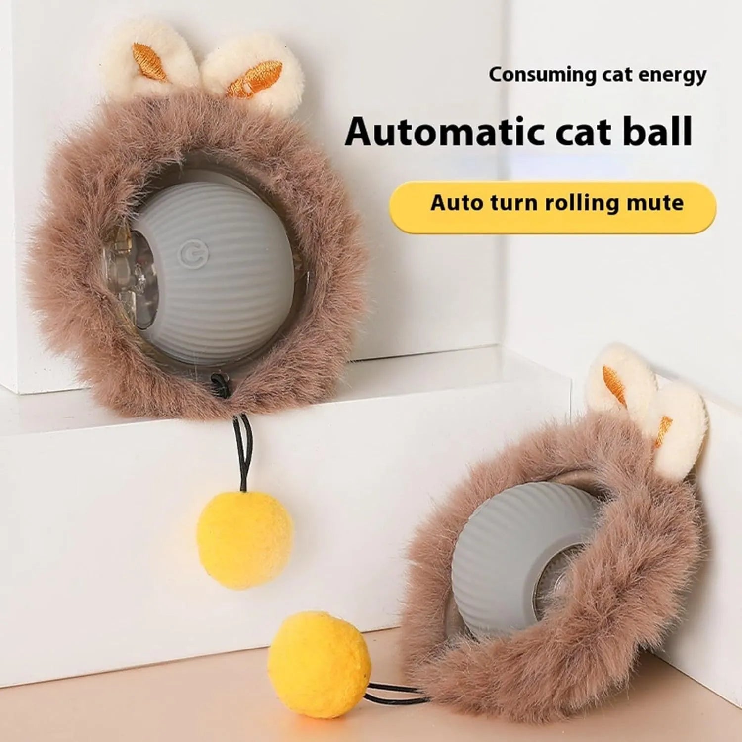 Grey green and red automatic rotating rolling ball pet toy with string for dogs and cats.