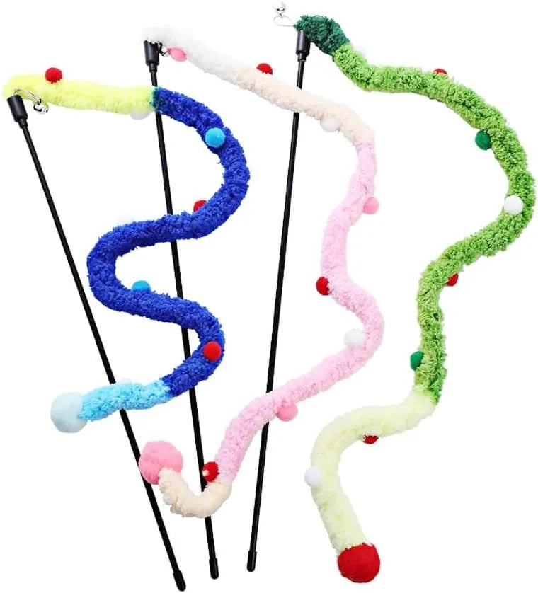 Interactive cat toy wand with colourful plush strip and bell attachment for indoor cat play